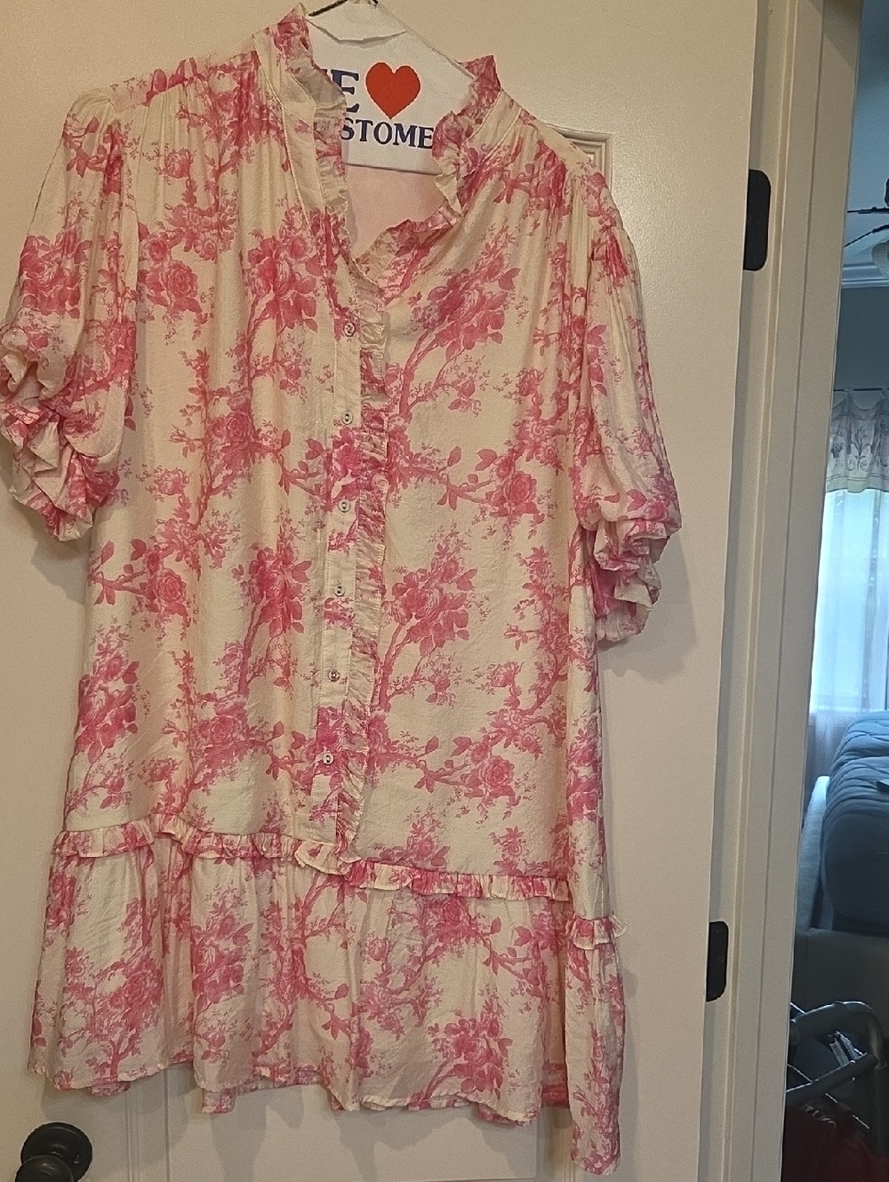 Ivory and Pink Floral Button-Front Ruffle Dress